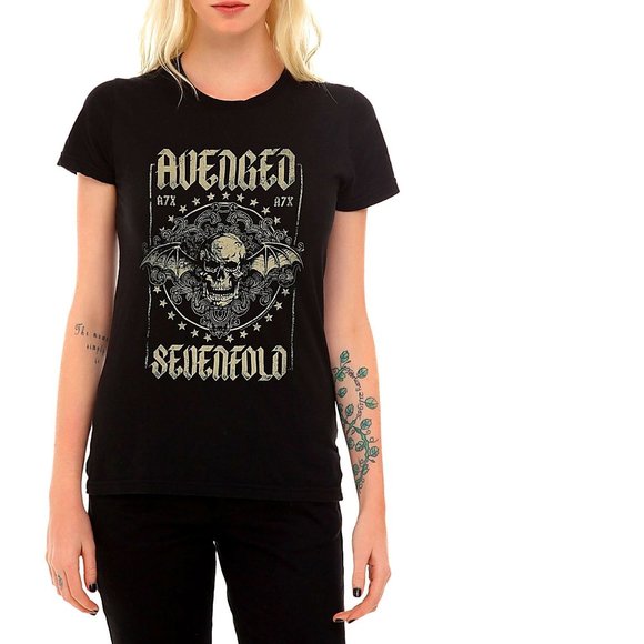 Avenged Sevenfold Bat Stars Logo rock Girls Tee Official T-Shirt L NWT - Picture 1 of 2